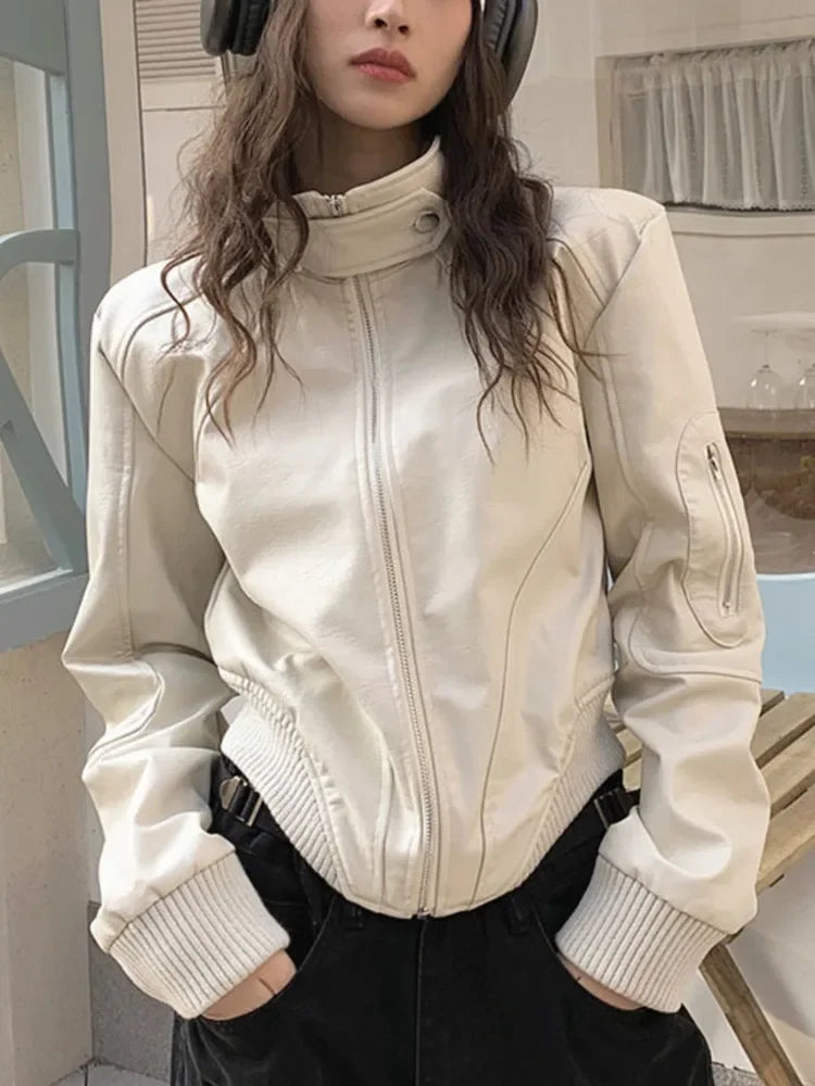 lovwvol Stand Collar Zipper Woman Pu Jackets Loose Casual Motorcycle Jaquetas Retro Cropped White Leather Jackets Autumn 2023 New Coats