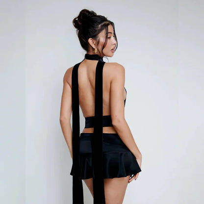 Bandage A-Line Skirts 2 Piece Sets Club Outfits for Women Sexy Halter Crossed Ties Top and Skirt Matching Sets