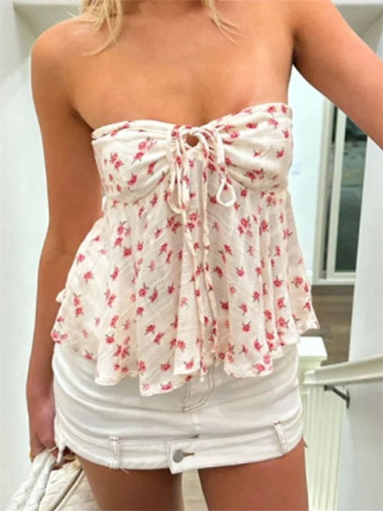 lovwvol Strapless Off Shoulder Ruched Tube Tops Women Front Tie-up Ruffles Summer Party Clubwear Tank fLORAL pRINT Mini Vest