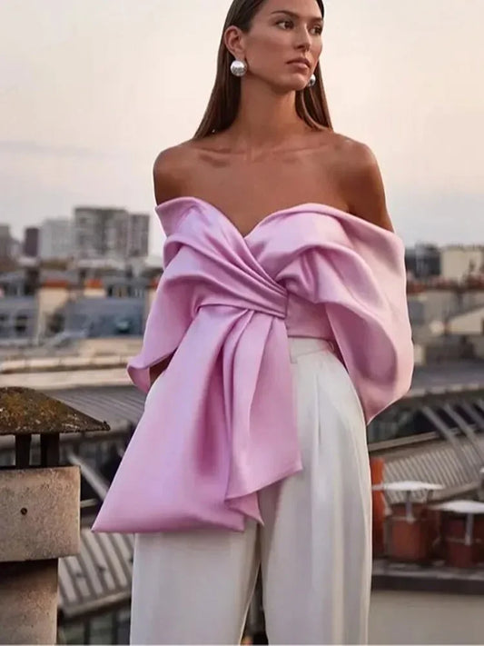 lovwvol Fashion Pink Satin Bow Strapless Top Women 2024 Summer Pleated Off Shoulder Backless Cropped Vest Female Elegant Chic Streetwear