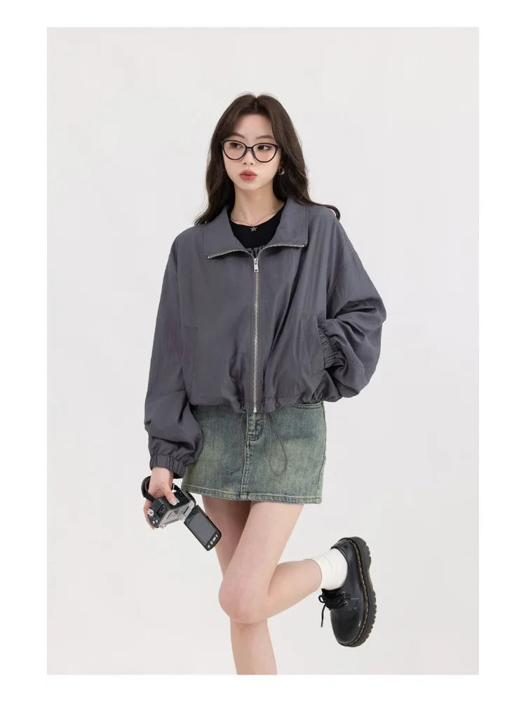 lovwvol  Korean Y2K Dark Grey Jackets Women Windbreaker Crop Jacket Female Harajuku Korean Oversize Zip Up Outdoor Tops