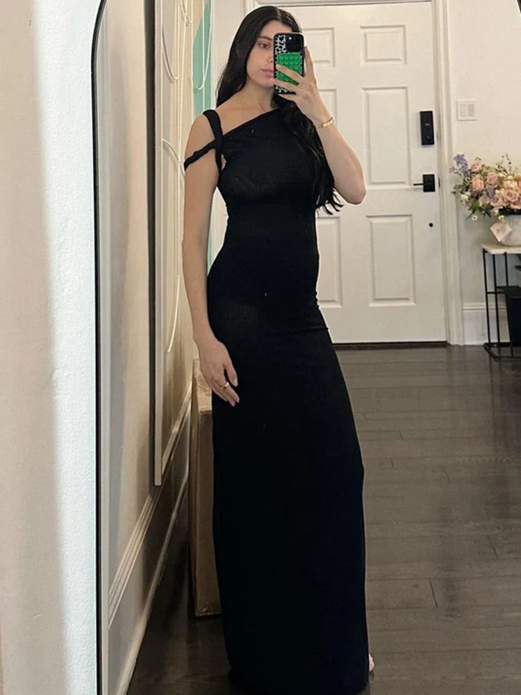 lovwvol - Black Long Dress Female Slim High Waist Off-Shoulder Fashion Elegant Evening Partywear Dress Solid One-Shoulder Maxi Dress