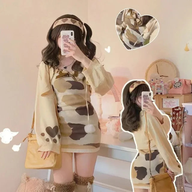 2 Pieces Set Women Crop Knit Cardigan + Sleeveless Print Bow Mini Dress Harajuku Robe Korean Fashion Y2k Outfits