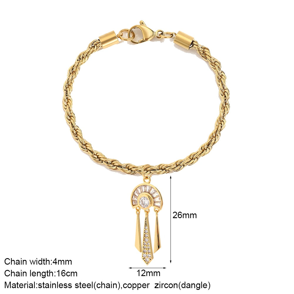 Cute Heart Love Sun Angel Charms Bracelet for Women Evil Blue Eye Gold Color Stainless Steel Chain Copper CZ Dangle Bangle