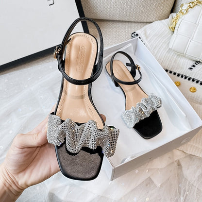 2023 summer new women's sandals outdoor casual high heels fashion rhinestone design Korean style banquet wear Large size 41-43