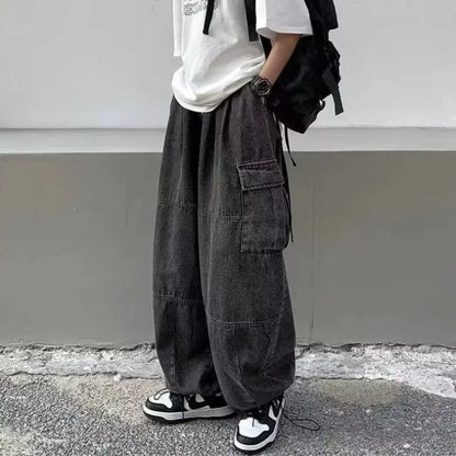 lovwvol Y2k Vintage Baggy Jeans for Women Autumn Loose Pockets Elastic Waist Denim Wide Leg Pants Japanese Streetwear Trousers