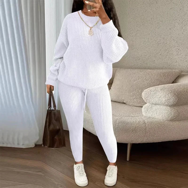 lovwvol  -  Winter Two Piece Sets Women Clothing Autumn Fashion Casual Solid Round Neck Pullover Loose Pit Knitted Sweater Pants Suits