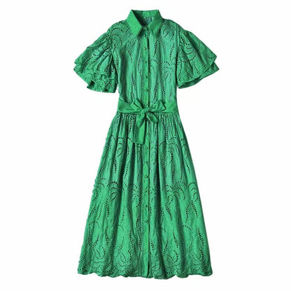 Bohemian Design Summer Women's Dress Elegant Solid Color Hollow Out Maxi Midi Party Dresses Retro Women Robe Femme