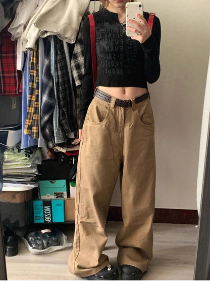 lovwvol Vintage Baggy Pants Women Y2K High Waist Loose Casual Trousers Khaki Korean Streetwear Straight Wide Leg Cargo Jeans