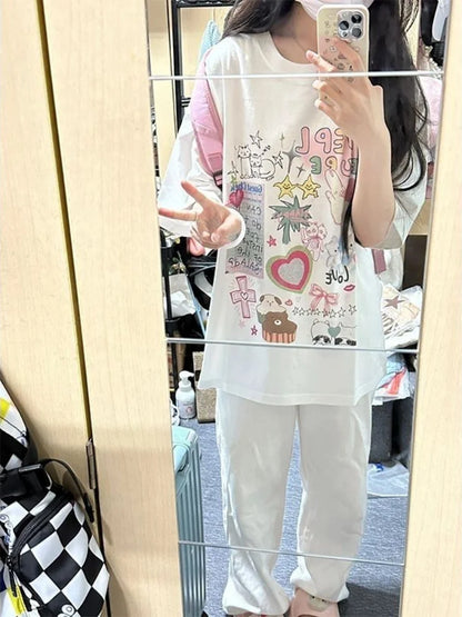 Summer New Oversize Kawaii Cartoon Print T-shirts Short Sleeve O Neck Y2k Aesthetic Tops Women Casual Fashion Harajuku Tees