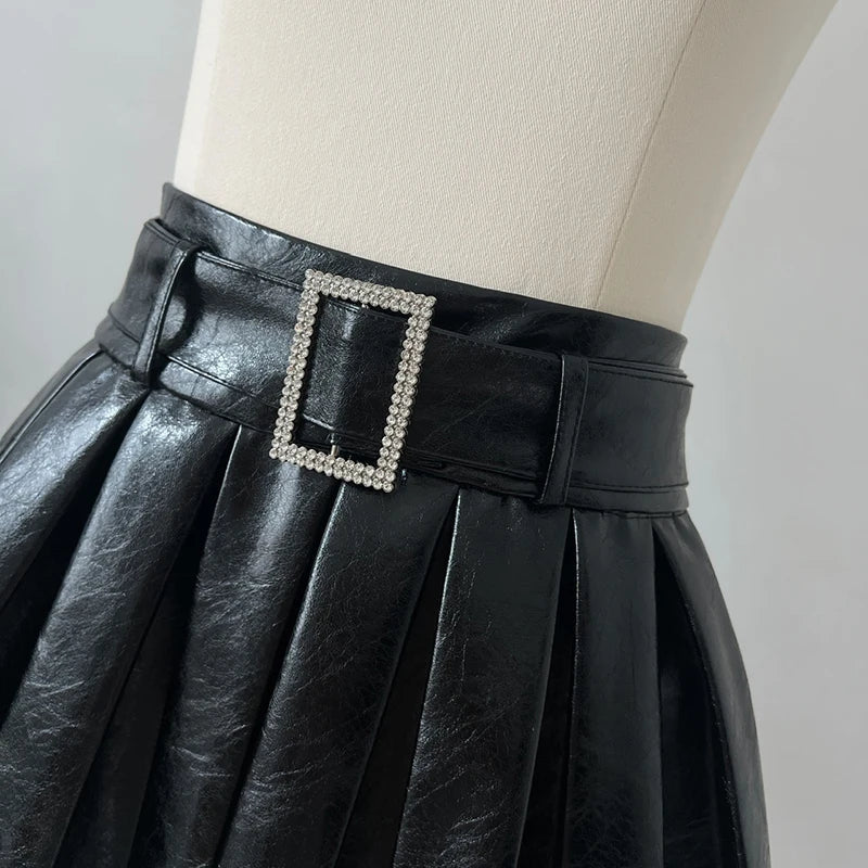 lovwvolSexy Black Leather A-Line Skirt With Belt Women PU High Waist Baggy Short Pleated Skirt Punk Vintage  Y2K Streetwear Gothic