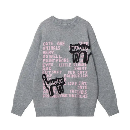 lovwvol  -  Vintage Cat Towel Embroidered Knit Sweater Autumn O Neck Sweater For Women Y2k Outerwear Korean Fashion Long Sleeve Sueter Mujer