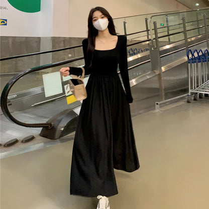 lovwvol Spring New Hepburn Style Gentle Temperament Pocket Waist Slim Panel Large Hemline Long Sleeve Dress