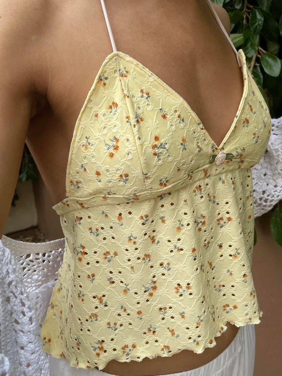 lovwvol Women Halter Neck Cami Tops Sleeveless Floral Print Camisole Spaghetti Strap Backless Yellow Shirts Streetwear