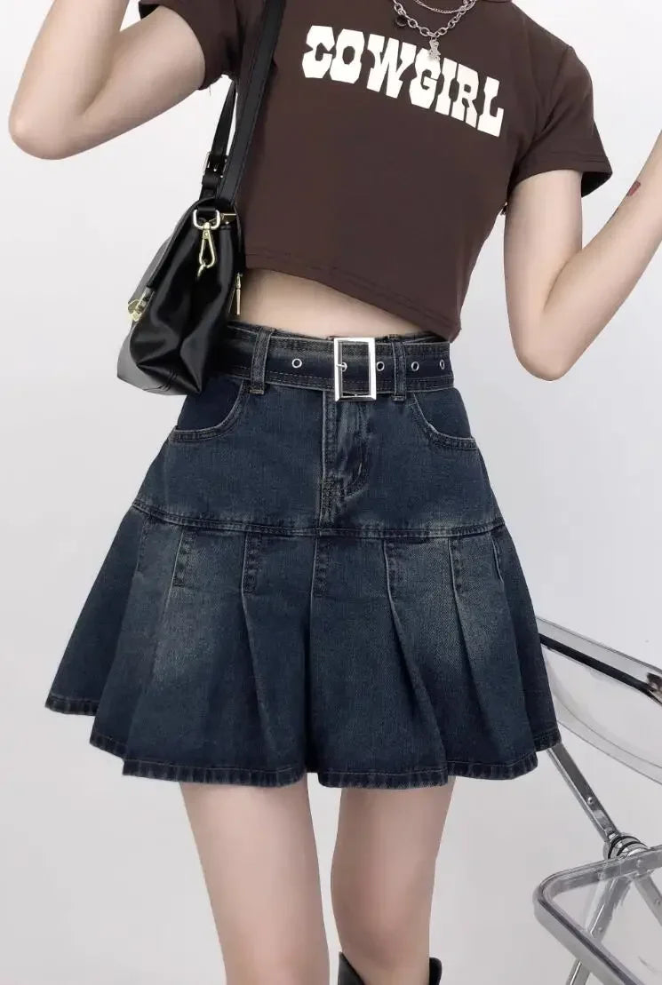 lovwvol Korean Y2K Style Harajuku High Waist High Street Jeans Skirts Summer Women's Sexy Loose Fit Hotsweet Denim Pleated Skirt