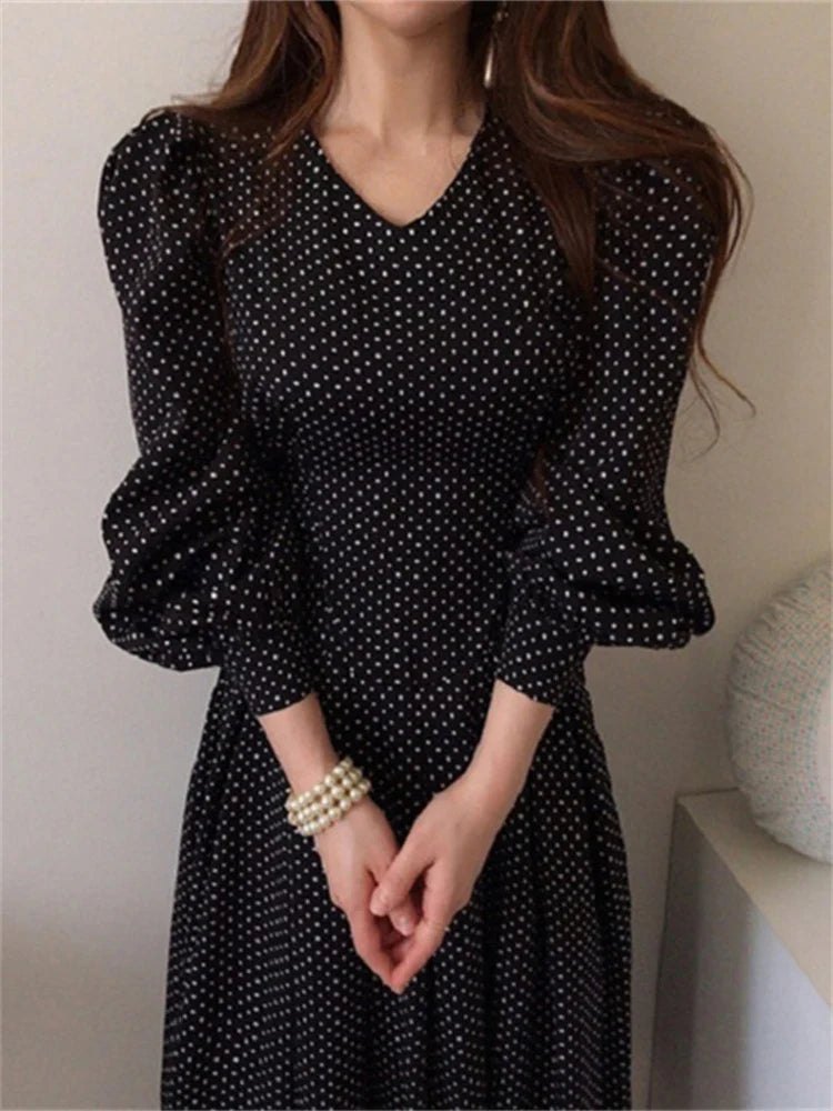 Spring Women Fashion French Vintage Maxi Dress One Piece Ladies Dot Print Vestdios Femme Porm Dress