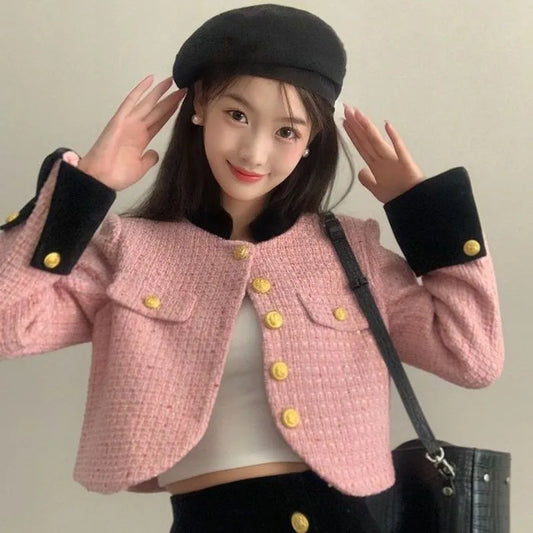 Women's Tweed Cropped Jackets Elegant Pink Single-Breasted Short Coat Ladies Korean Fashion Slim Small Fragrant Outwear