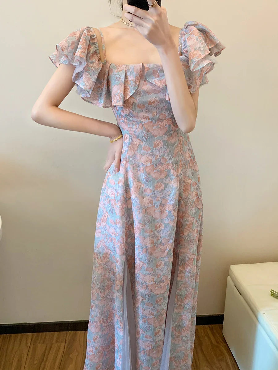 lovwvol Summer Elegant Chiffon Floral Strap Dress Women's Mesh Stitching Strapless Mixi Dress Holiday Ladies  Female Robe