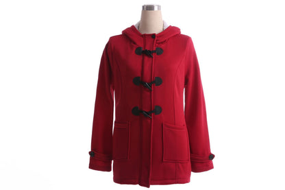 Hooded Cotton Blend Classic Horn Leather Buckle Coat Jacket Cotton Coat Women