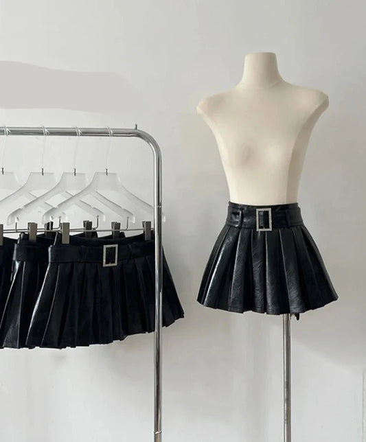 lovwvolSexy Black Leather A-Line Skirt With Belt Women PU High Waist Baggy Short Pleated Skirt Punk Vintage  Y2K Streetwear Gothic