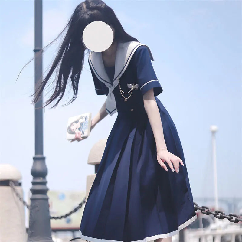 Preppy Sweet Woman Dress Sailor Collar Kawaii Vestidos Female Robe Lolita Dresses Summer Cute Women's JK  Kobieta