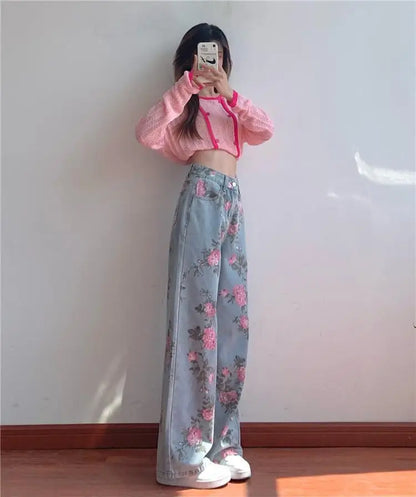 lovwvol Baggy Jeans Korean Fashion High Waist Slim Vintage Print Loose Straight Women's Pants Y2k Elegant Wide Leg Vaqueros