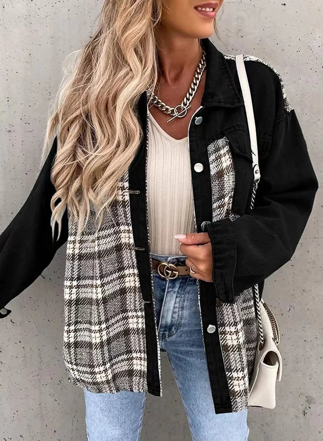 lovwvol  -  New Autumn Women Button Coat Spring Irregular Tops Outwear Mujer Vintage Fashion Plaid Print Patchwork Denim Jacket Elegant