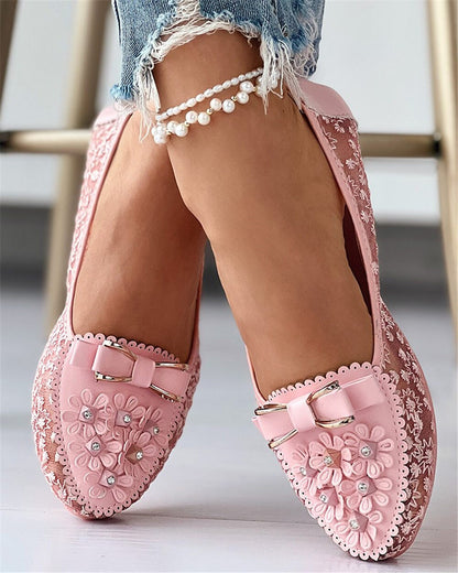 Floral Embroidered Bow Accent Slip-On Shoes