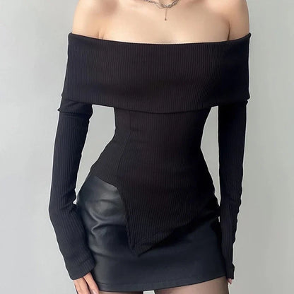 lovwvol Solid Knitting Casual Women Tops Asymmetrica Aesthetic Clothes Long Sleeve Slash Neck Y2k Accessories Streetwear