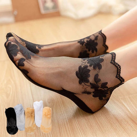 Lolita Women Invisible Lace Socks Thin Ladies Lace Boat Socks Hollow Non-slip Shallow Transparent Socks Women