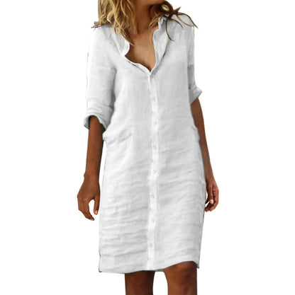 lovwvol Vintage Cotton Linen Shirt Dresses for Women Summer Half Sleeve Loose Lapel Dress Ladies Casual Holiday Knee Length Dress Robe