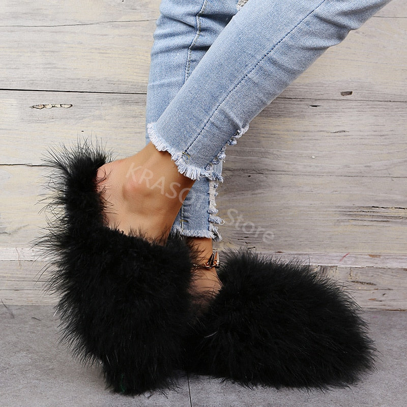 Slippers Woman Ostrich Fur Women Shoes Flat Slipper Women's Flip Flops Brand Ladies Sandals Female Flipflop Luxury Sandal