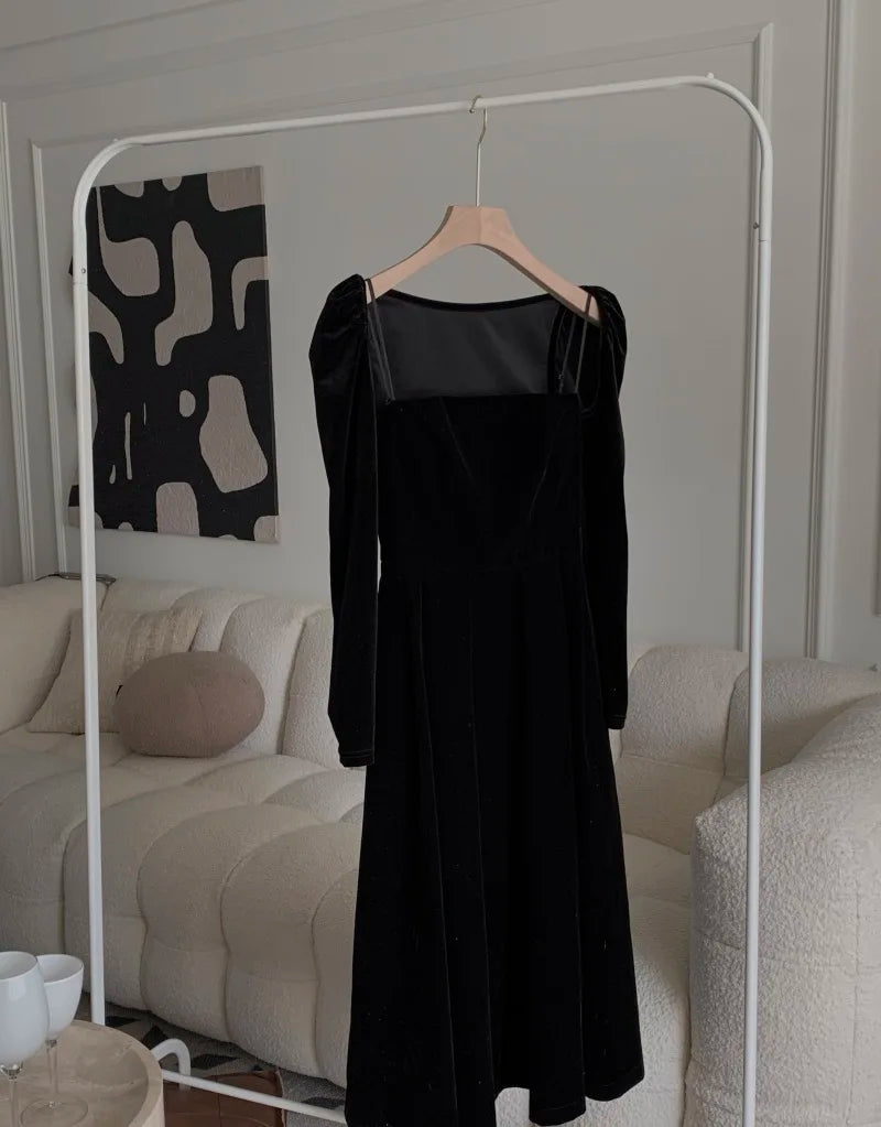 French Black Velvet Spaghetti Strap Midi Dresses for Women  Autumn Elegant Party 2-piece A-line Evening Prom Female Clothing