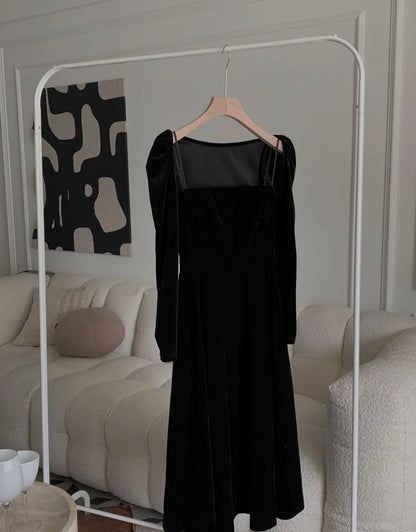 French Black Velvet Spaghetti Strap Midi Dresses for Women  Autumn Elegant Party 2-piece A-line Evening Prom Female Clothing