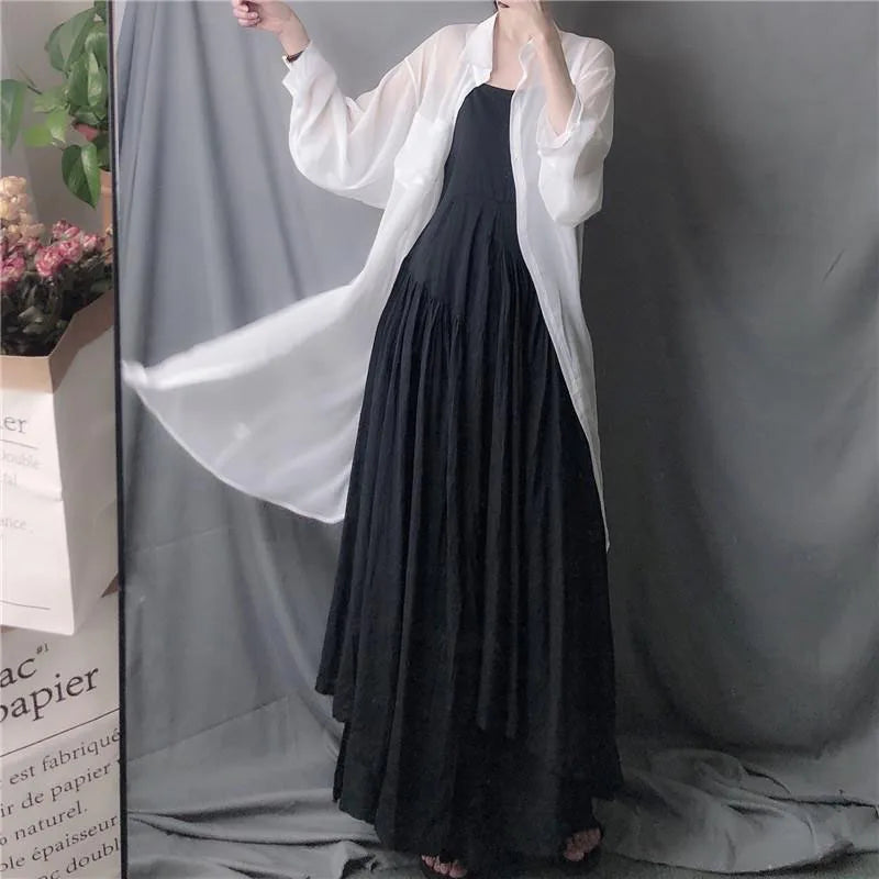 lovwvol Zoki White Camis Dress Women Summer Korean Elegant Irregular Black Long Beach Dress Vintage Loose Solid All Match A Line Dress