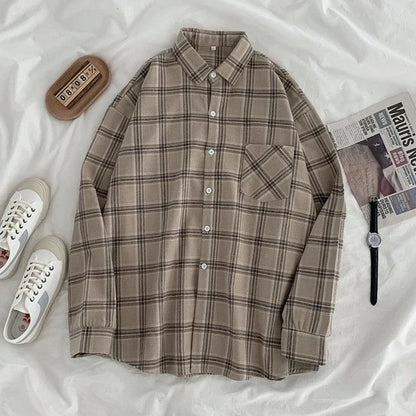 Women Shirt Plaid Oversize Turn-down Collar Leisure Fashion Loose All-match Womens Long Sleeves Soft Chic Korean Style Tops polo