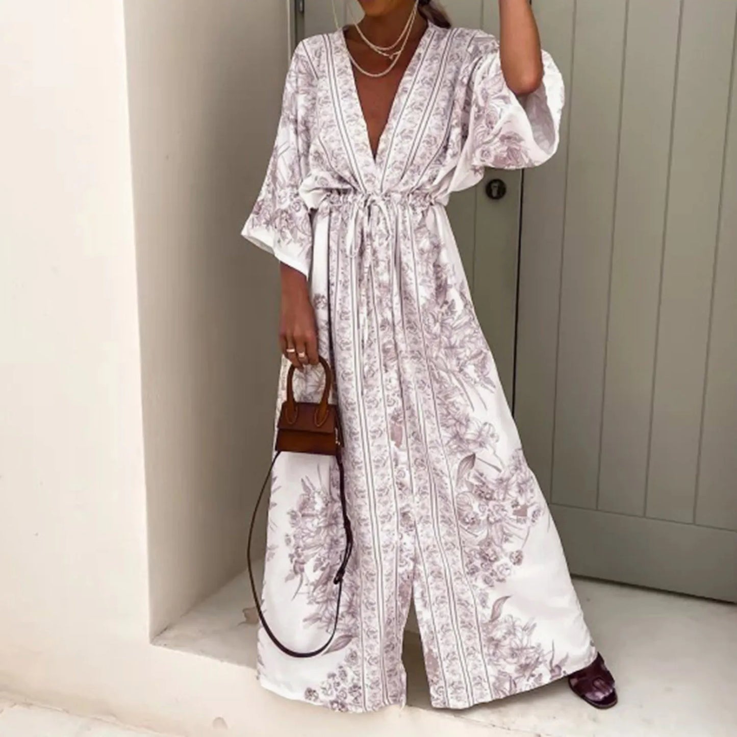 lovwvol V Neck Half Sleeve Long Dress Lace Up Vintage Printed Large Hem Dresses Womens Casual Summer Dress Loose Long Robe Vestidos