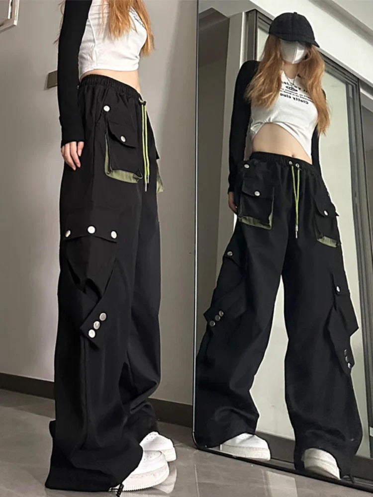 lovwvol  -  Y2k Aesthetic Black Cargo Pants Women Drawstring Harajuku Wide Leg Loose High Waist Streetwear Casual Autumn Trousers Joggers