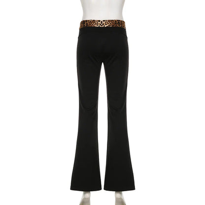 lovwvol Leopard Splice Elastic Waist Flare Leg Pants