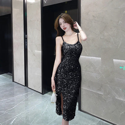 lovwvol Korean Sequins Midi Dresses for Women Summer Elegant Party Sexy Sleeveless Slim Prom Female Clothes Wedding Evening Dress