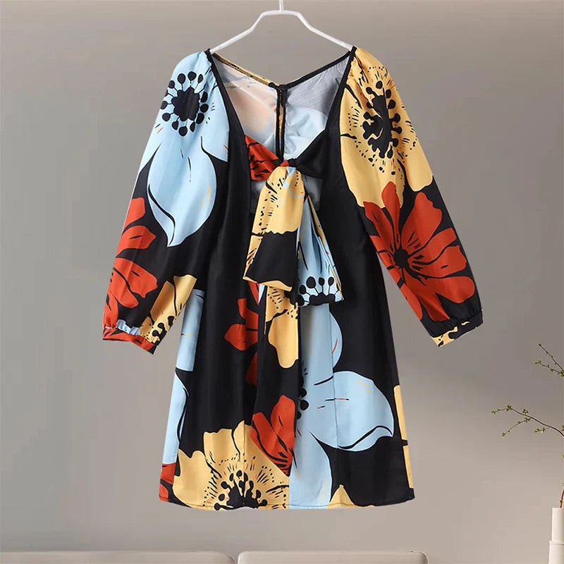 lovwvol Sexy Backless Lace Up Dress Women 2024 Holiday Printed Lantern Sleeve Mini Female Beach Dresses Elegant Hip Package Short Robes