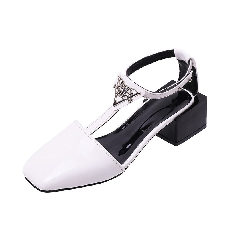 lovwvol Summer Patent Leather Women Pumps Sandals Square Toe Thick Heels Shoes Closed Toe Back Empty Fashion Sandals Women's High Heels