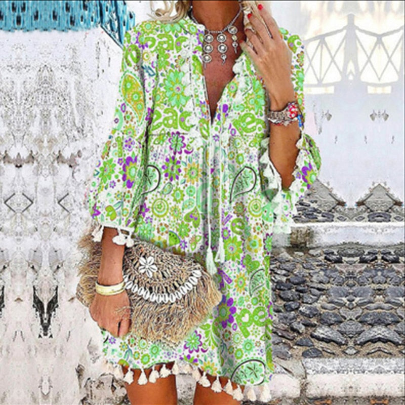 Women Vintage Print V Neck Tassel Mini Dress Casual Loose Three Quarter Sleeve Beach Dress  Spring Summer Party Dress Femme