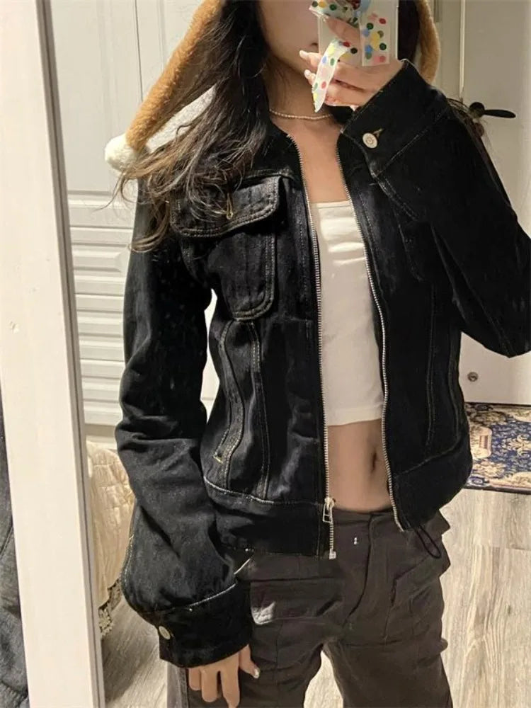 lovwvol  -  Zipper Jeans Solid Coats Streetwear Fashion All Match Ins Chaquetas Mujer Women Turn Down Collar Punk Vintage Denim Jackets