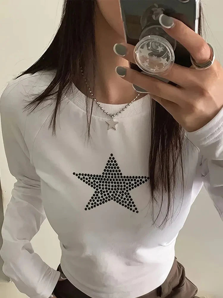 lovwvol Rhinestones Y2K High Street Harajuku Star Graphic Fashion Goth Long Sleeves Crop Top Short Sexy Top 2000s Korean Popular Clothes