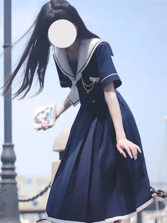 Preppy Sweet Woman Dress Sailor Collar Kawaii Vestidos Female Robe Lolita Dresses Summer Cute Women's JK  Kobieta