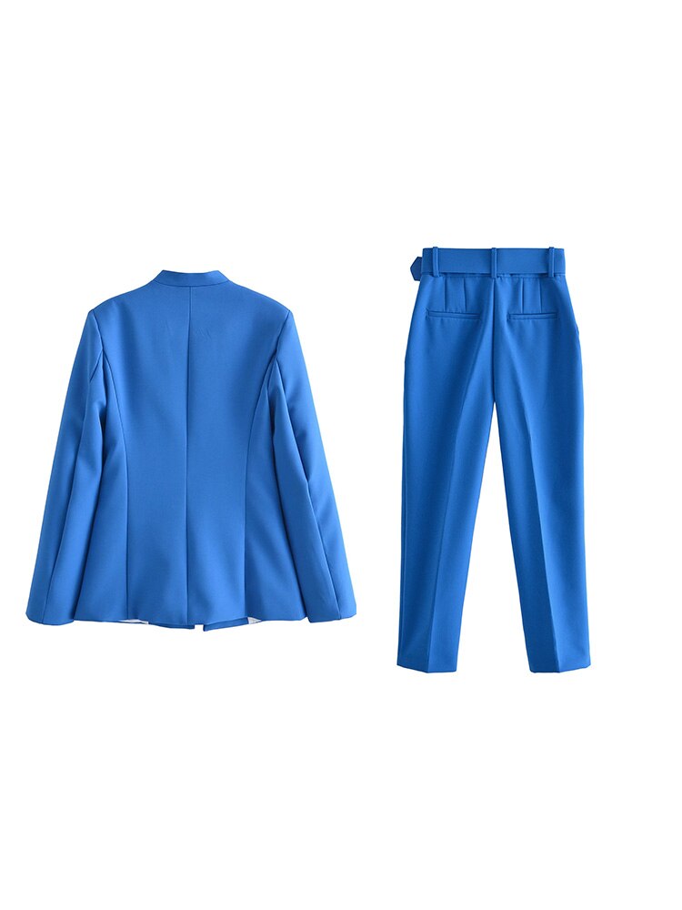 Women Fashion Two Pieces Sets Office Wear Blazers Coat And With Belt High Waist Pants Female