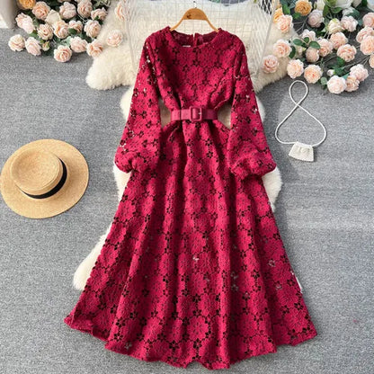 lovwvol Spring Autumn Women Hook Flower Hollow Party Long Dress Vintage Round Neck Puff Sleeve High Waist A-Line Maxi Vestidos New 2024