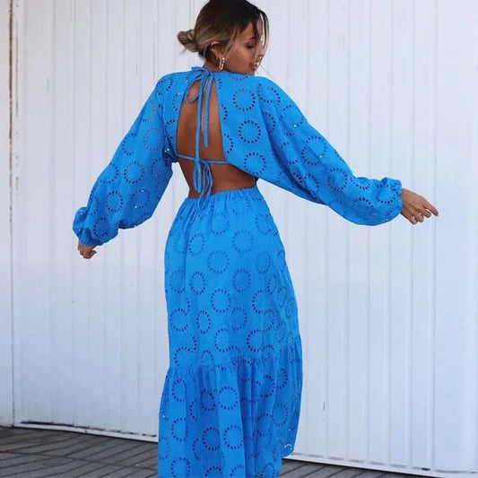 lovwvol  Boho Blue Lace Maxi Dresses For Women Vintage Long Sleeve Sexy Backless Embroidery O neck Cotton Dress Party Vestidos