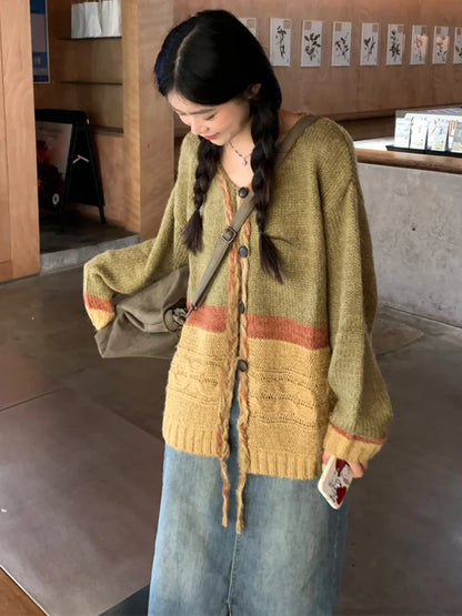 lovwvol  -  Women Knitwear Loose V-neck Contrast Color Patchwork Sweaters Harajuku Grunge Jumpers Streetwear Fashion Cardigans Y2k Aesthetic